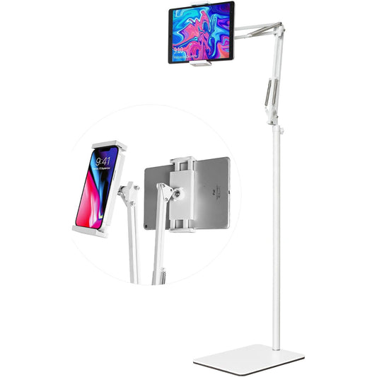 Hanru Tablet Floor Stand, 69" Height Adjustable 360-degree Rotatable Tablet Holder, Arm Stretchable Stand, Overhead Bed Phone Mount(4"~12.9''), White