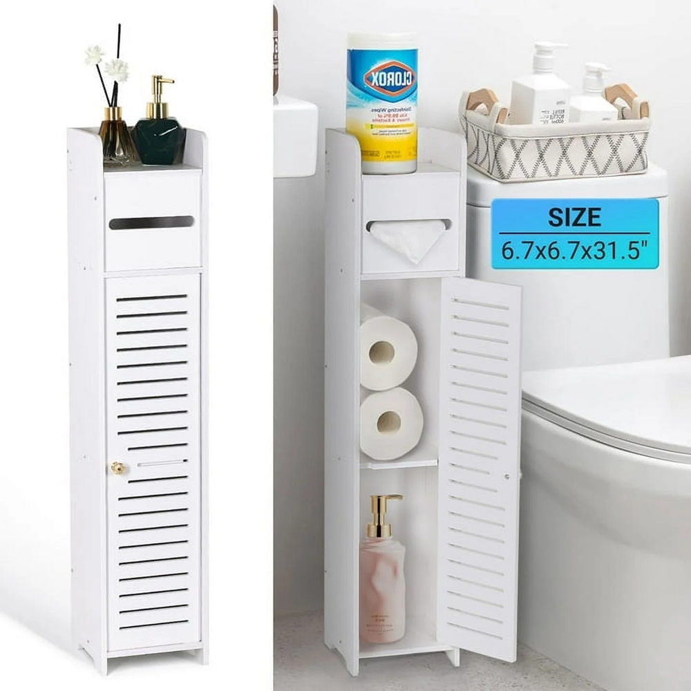 Homeika Toilet Paper Holder Stand for Bathtroom Storage, Narrow Bathroom Cabinet for Small Spaces Toilet Roll Holder, L6.7 x W6.7 x H31.5 Inch, Off White