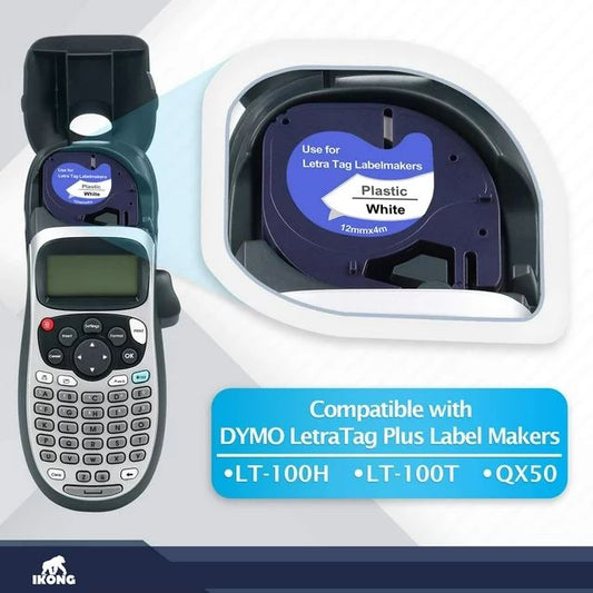 Hiipoo 6-Pack Label Maker Tape Compatible with Dymo LetraTag Refills for LetraTag Label Maker LT-100H LT-100T QX50 91330 91331 91332 91333 91334 91335(1/2*13 Feet, 12mm 4m) Black on White