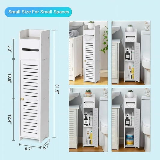 Homeika Toilet Paper Holder Stand for Bathtroom Storage, Narrow Bathroom Cabinet for Small Spaces Toilet Roll Holder, L6.7 x W6.7 x H31.5 Inch, Off White