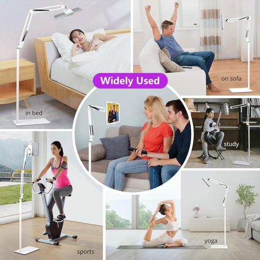 Hanru Tablet Floor Stand, 69" Height Adjustable 360-degree Rotatable Tablet Holder, Arm Stretchable Stand, Overhead Bed Phone Mount(4"~12.9''), White