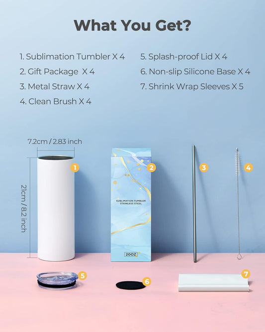 Hiipoo 4 Pack Sublimation Tumblers Bulk 20 oz Skinny, Stainless Steel Double Wall Insulated Straight Sublimation Blanks Tumbler Blank White with 4 Lids, 4 Straws and Brushes,5 Shrink Wrap Films, Gift