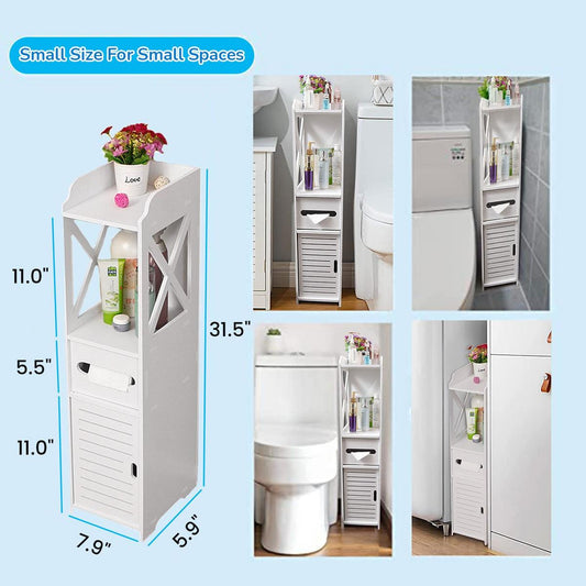 Homeika Bathroom Storage Cabinet Organizer with 1 Doors and 3 Shelves, 4 Tier Design Toilet Paper Storage Stand for Small Space and Corner, L8 x W6 x H31 Inch, White