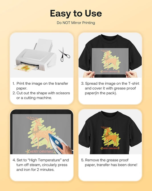 Hiipoo Heat Transfer Paper 8.5x11inch Iron-on Transfer Paper for T-Shirt 50 Sheets Printable and Washable Dark Transfer Paper for Inkjet Printer