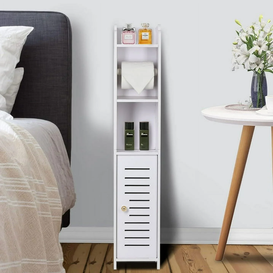 Homeika Toilet Paper Holder Stand for Bathtroom Storage, Narrow Bathroom Cabinet for Small Spaces Toilet Roll Holder, L6.7 x W5.9 x H31.5 Inch, Gray/White