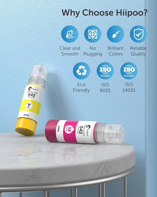 Hiipoo 542 Pigment Ink Refill Bottle ET-5850 ET-5880 ET-5170 ET-16600 ET-16650 ST-C8000 Printers Replacement for Epson 542 Ink Refill Bottles for EcoTank ET-5850 ET-5880 (4 Pack)