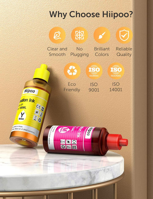 Hiipoo Sublimation Ink Refilled Bottles compatible with WF7710 ET2720 ET2760 ET2800 ET2803 ET15000 C88 C88+ Inkjet Printer Heat Press Transfer on Mugs Plates T-Shirts Pillows Phone Case(BK/C/M/Y)