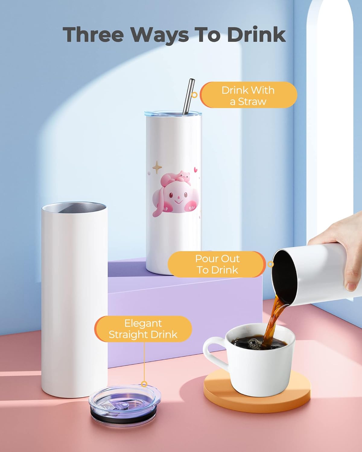 Hiipoo 4 Pack Sublimation Tumblers Bulk 20 oz Skinny, Stainless Steel Double Wall Insulated Straight Sublimation Blanks Tumbler Blank White with 4 Lids, 4 Straws and Brushes,5 Shrink Wrap Films, Gift