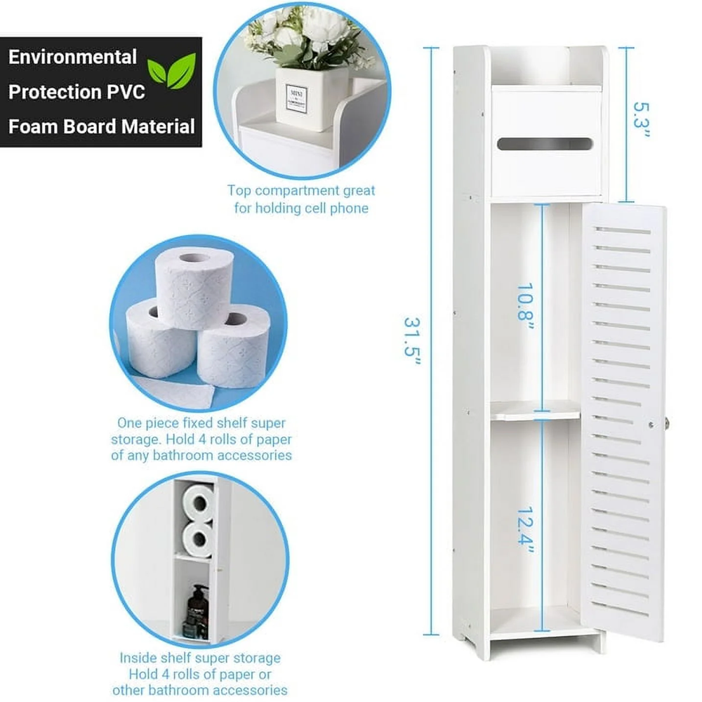 Homeika Toilet Paper Holder Stand for Bathtroom Storage, Narrow Bathroom Cabinet for Small Spaces Toilet Roll Holder, L6.7 x W6.7 x H31.5 Inch, Off White