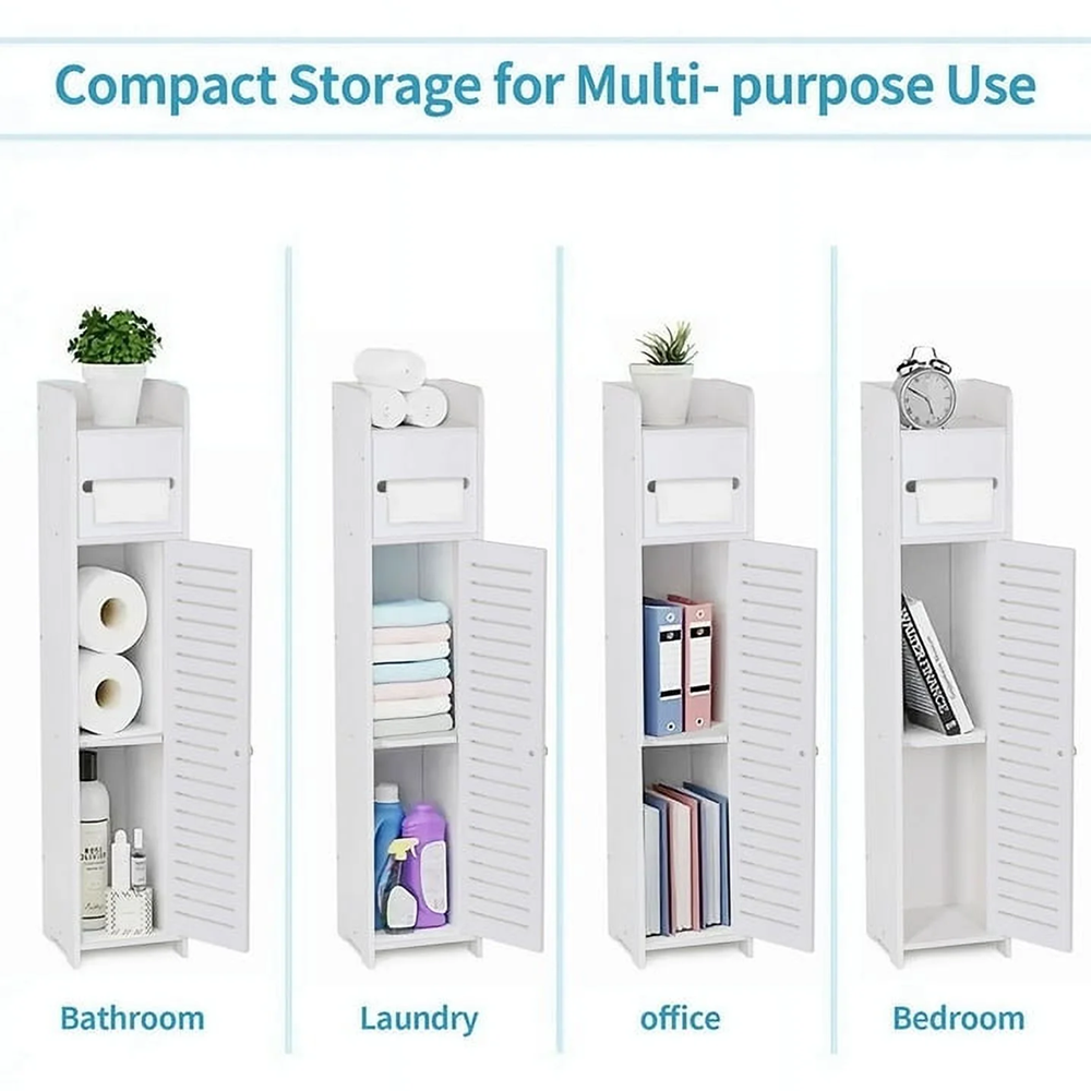 Homeika Toilet Paper Holder Stand for Bathtroom Storage, Narrow Bathroom Cabinet for Small Spaces Toilet Roll Holder, L6.7 x W6.7 x H31.5 Inch, Off White