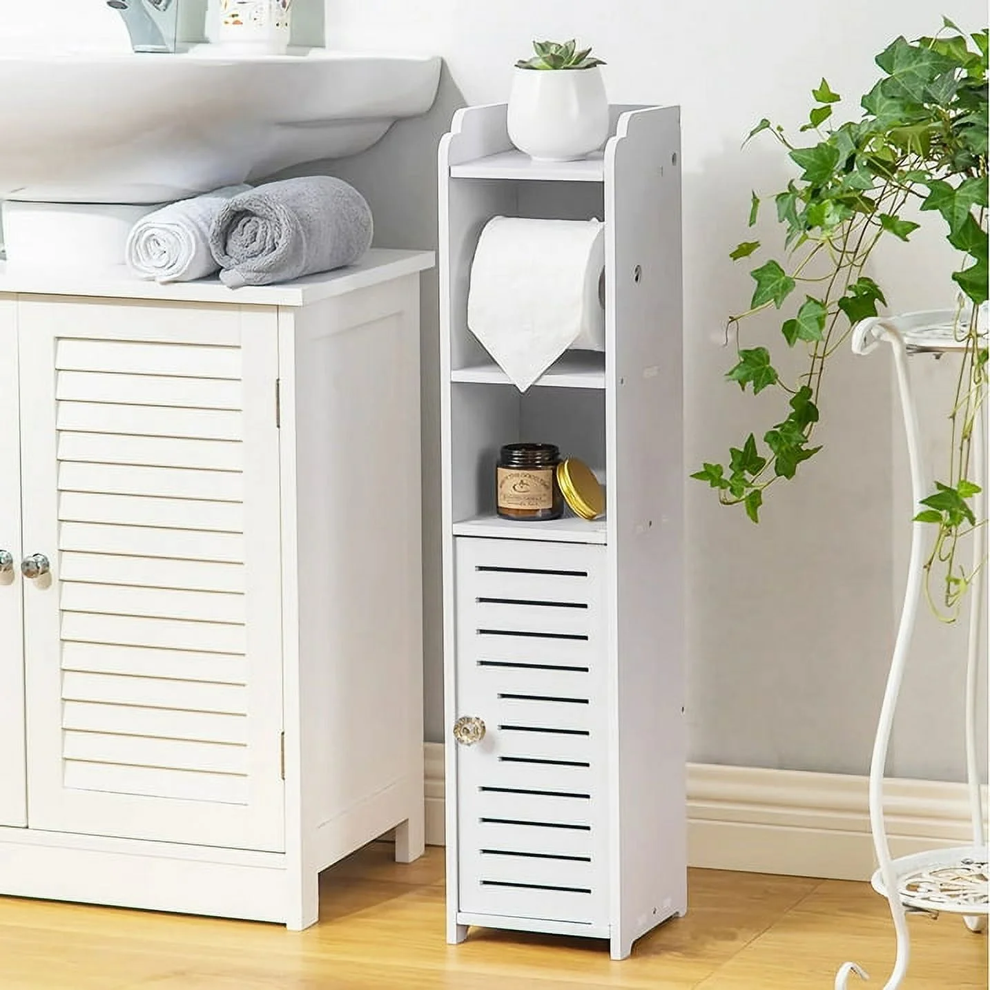 Homeika Toilet Paper Holder Stand for Bathtroom Storage, Narrow Bathroom Cabinet for Small Spaces Toilet Roll Holder, L6.7 x W5.9 x H31.5 Inch, Gray/White
