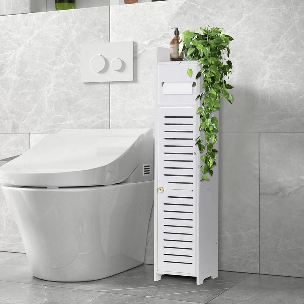 Homeika Toilet Paper Holder Stand for Bathtroom Storage, Narrow Bathroom Cabinet for Small Spaces Toilet Roll Holder, L6.7 x W6.7 x H31.5 Inch, Off White