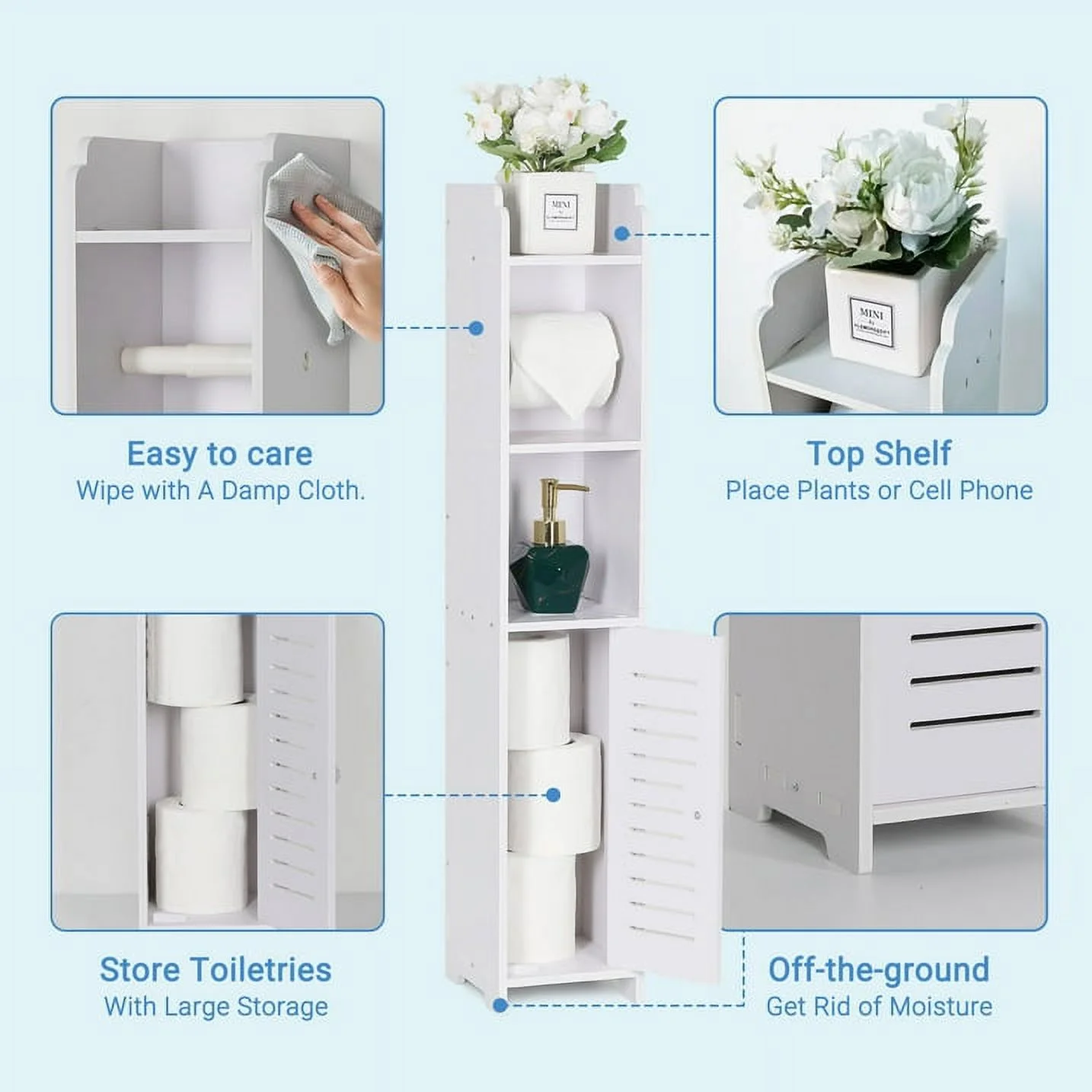 Homeika Toilet Paper Holder Stand for Bathtroom Storage, Narrow Bathroom Cabinet for Small Spaces Toilet Roll Holder, L6.7 x W5.9 x H31.5 Inch, Gray/White