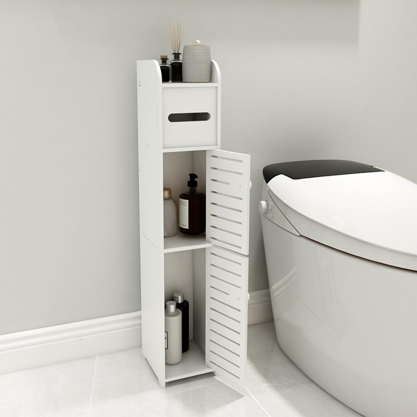 Homeika Bathroom Storage Cabinet with 2 Doors and 2 Shelves, 4 Tier Design Toilet Paper Storage Stand for Small Space and Corner, L6.7 x W6 x H31 Inch, White