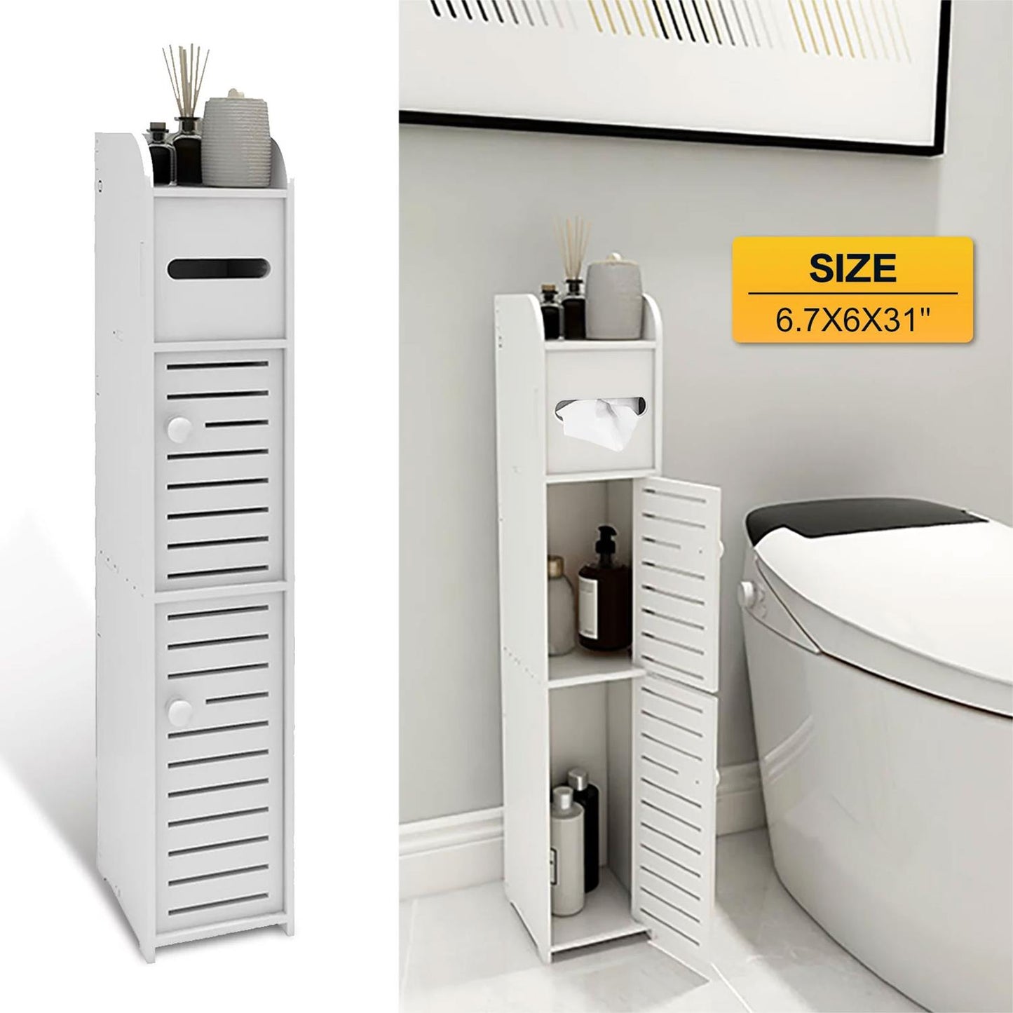 Homeika Bathroom Storage Cabinet with 2 Doors and 2 Shelves, 4 Tier Design Toilet Paper Storage Stand for Small Space and Corner, L6.7 x W6 x H31 Inch, White