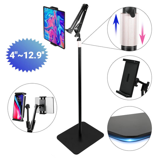 Hanru Tablet Floor Stand, 69" Height Adjustable 360-degree Rotatable Tablet Holder, Thickened Stable Square Base, Arm Stretchable Stand, Overhead Bed Phone Mount(4"~12.9")