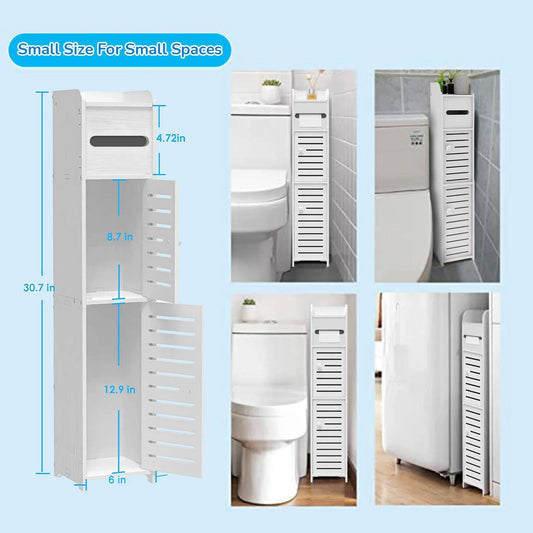 Homeika Bathroom Storage Cabinet with 2 Doors and 2 Shelves, 4 Tier Design Toilet Paper Storage Stand for Small Space and Corner, L6.7 x W6 x H31 Inch, White