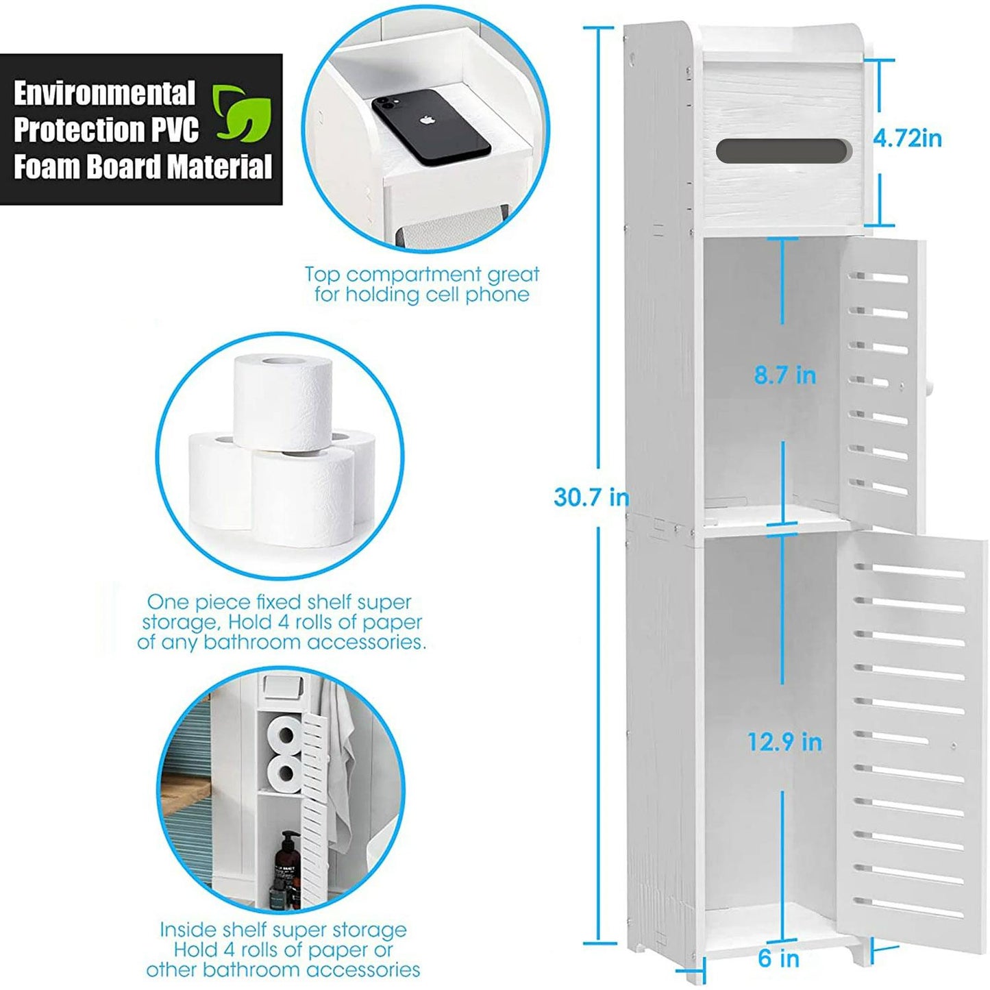 Homeika Bathroom Storage Cabinet with 2 Doors and 2 Shelves, 4 Tier Design Toilet Paper Storage Stand for Small Space and Corner, L6.7 x W6 x H31 Inch, White