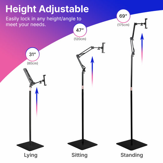 Hanru Tablet Floor Stand, 69" Height Adjustable 360-degree Rotatable Tablet Holder, Thickened Stable Square Base, Arm Stretchable Stand, Overhead Bed Phone Mount(4"~12.9")
