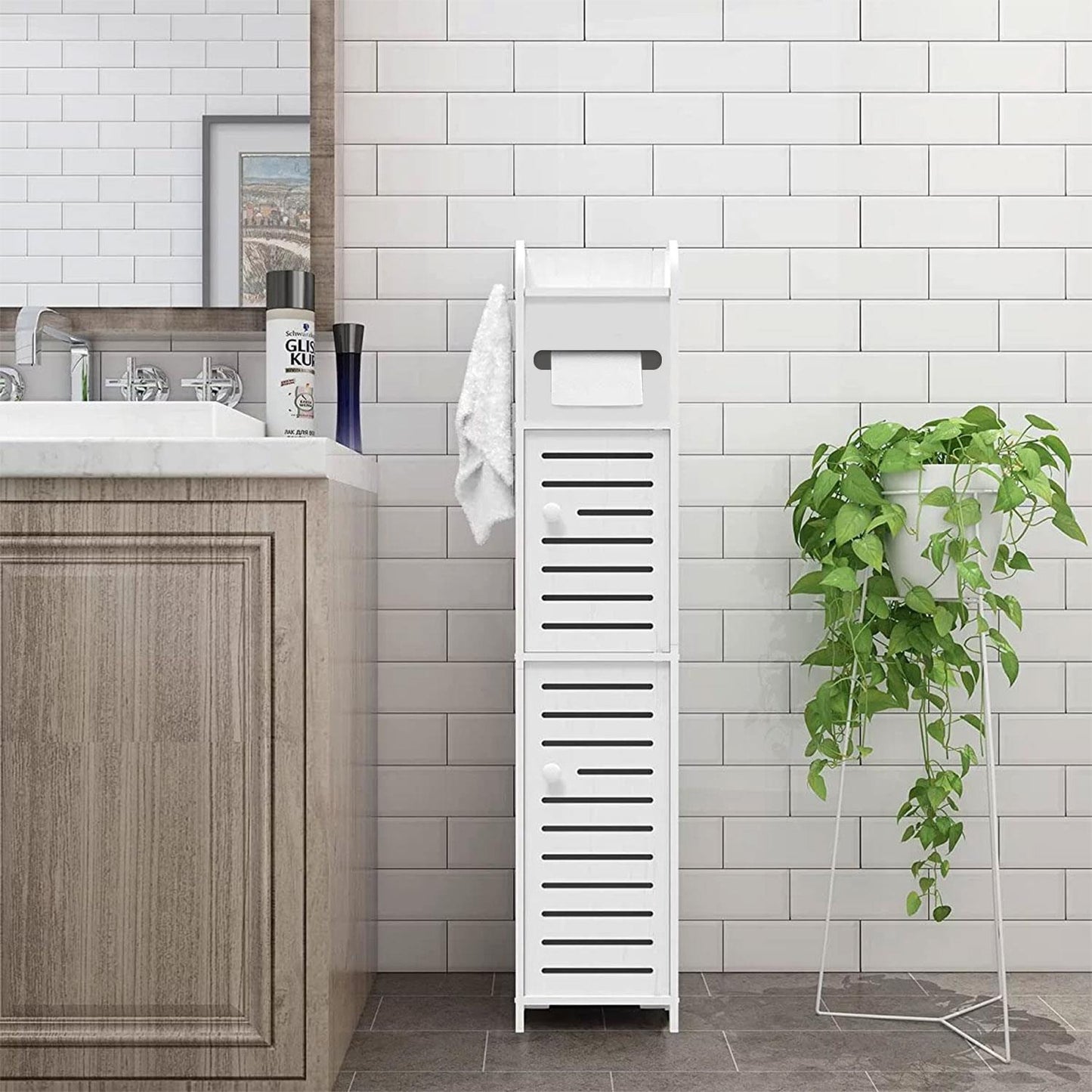 Homeika Bathroom Storage Cabinet with 2 Doors and 2 Shelves, 4 Tier Design Toilet Paper Storage Stand for Small Space and Corner, L6.7 x W6 x H31 Inch, White