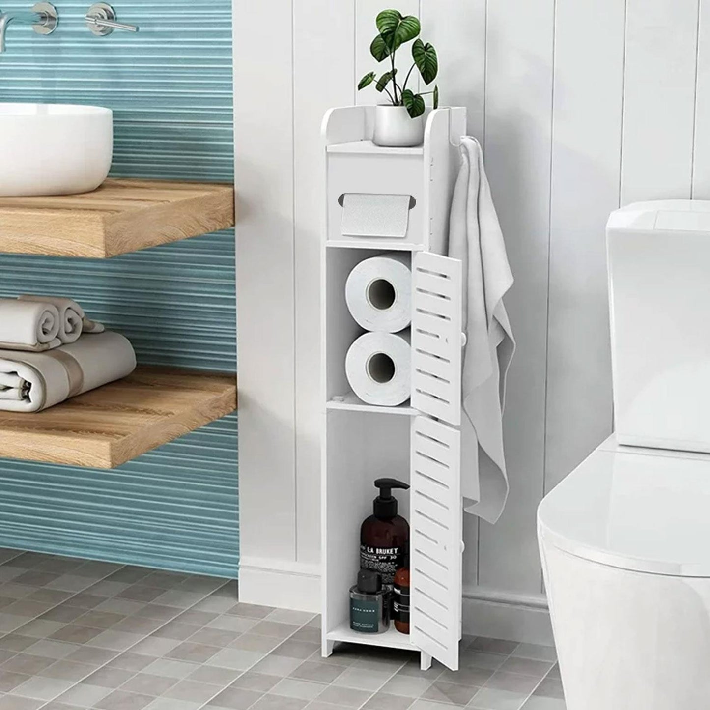 Homeika Bathroom Storage Cabinet with 2 Doors and 2 Shelves, 4 Tier Design Toilet Paper Storage Stand for Small Space and Corner, L6.7 x W6 x H31 Inch, White