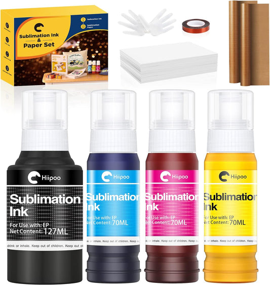 Hiipoo Sublimation Ink Set with 110 Sheet Sublimation Paper 8.5x11” 125G, 2 Pack Teflon Sheet, Heat Tape for EcoTank Inkjet Printer ET-2720 ET-2760 ET-2800 ET-2803 ET-2400 ET-4700 ET-4800 ET-15000