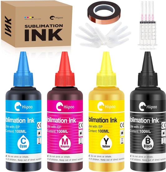 Hiipoo Sublimation Ink Work with ET2400 ET2720 ET2750 ET2760 ET-2800 ET-2803 ET-2850 ET4800 XP4100 XP4105 Inkjet Printers, with Heat Tape, Heat Press Transfer on Mugs T-Shirts
