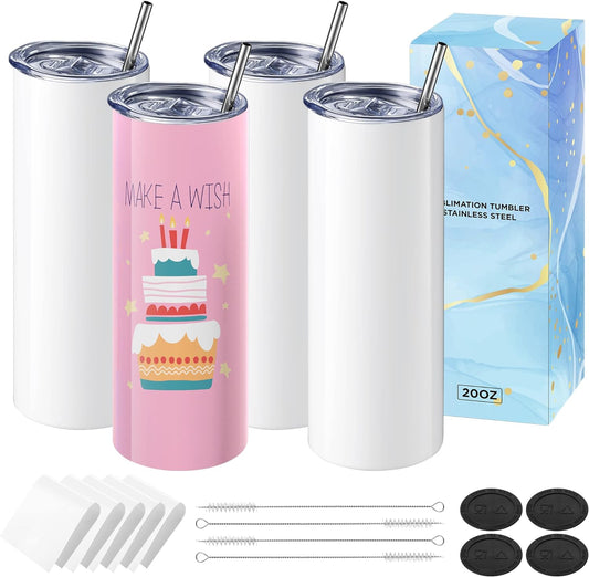 Hiipoo 4 Pack Sublimation Tumblers Bulk 20 oz Skinny, Stainless Steel Double Wall Insulated Straight Sublimation Blanks Tumbler Blank White with 4 Lids, 4 Straws and Brushes,5 Shrink Wrap Films, Gift