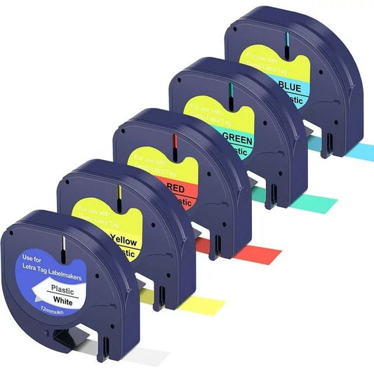 OfficeWorld Multicolor 5-Pack Label Tape Compatible with Dymo LetraTag 91330 91331 91332 91333 91334 91335 Refills for LetraTag Label Maker LT-100H 100T LT-110T (1/2*13 Feet, 12mm 4m) Black on White
