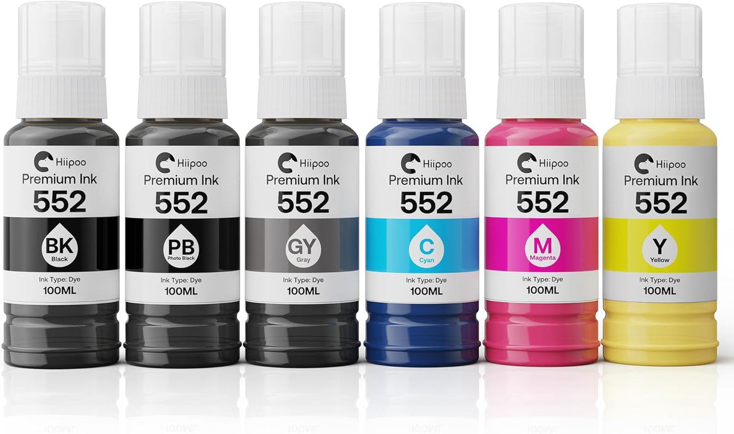 Hiipoo 600ML T552 552 EcoTank Ink (Not Sublimation Ink) Refill Ultra-high Capacity Bottles Replacement for Ecotank Photo ET-8500, ET-8550 Printer (BK PB C M Y GY)
