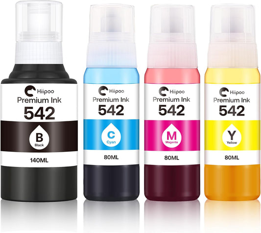 Hiipoo 542 Pigment Ink Refill Bottle ET-5850 ET-5880 ET-5170 ET-16600 ET-16650 ST-C8000 Printers Replacement for Epson 542 Ink Refill Bottles for EcoTank ET-5850 ET-5880 (4 Pack)