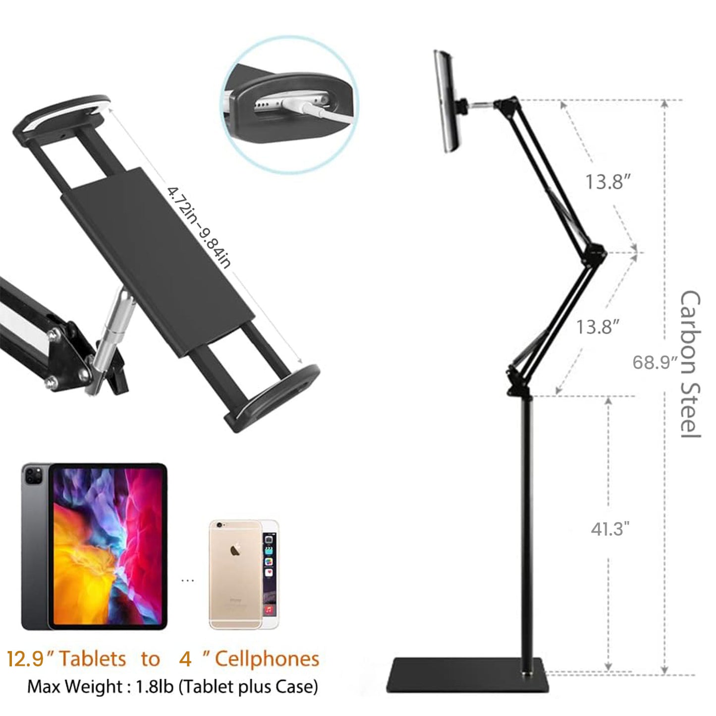 Tablet Floor Stand, 69" Height Adjustable 360-degree Rotatable Tablet Holder, Arm Stretchable Stand, Overhead Bed Phone Mount（4"~12.9''）