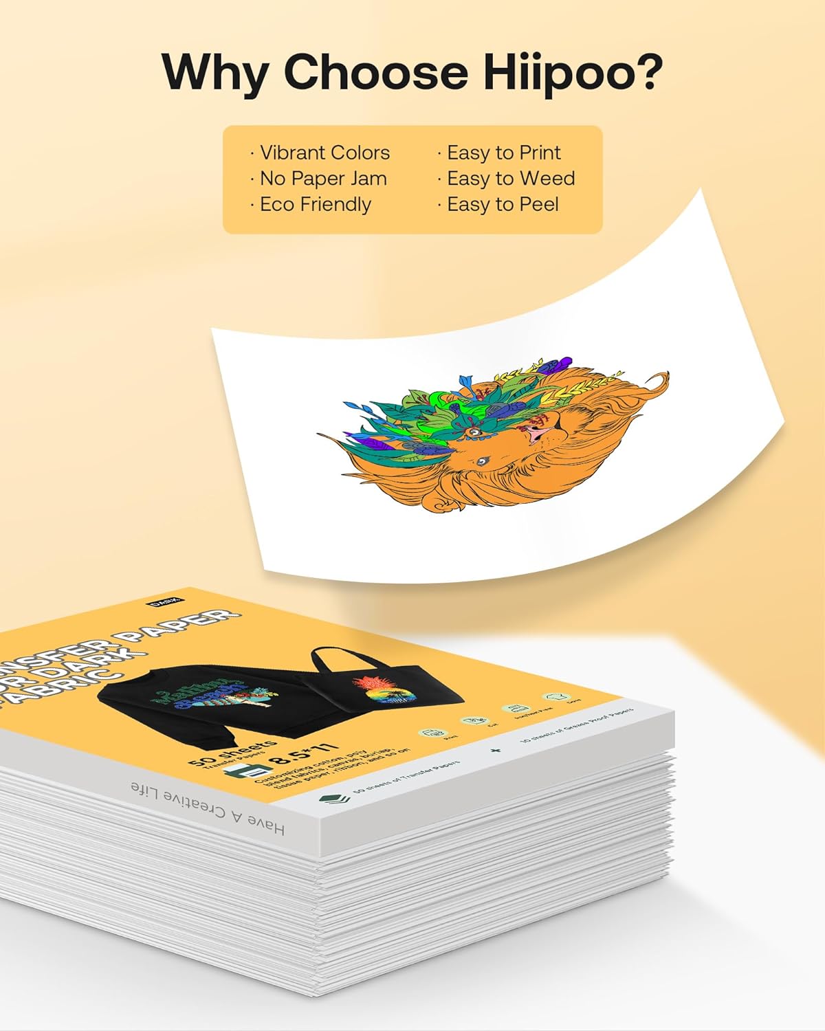 Hiipoo Heat Transfer Paper 8.5x11inch Iron-on Transfer Paper for T-Shirt 50 Sheets Printable and Washable Dark Transfer Paper for Inkjet Printer