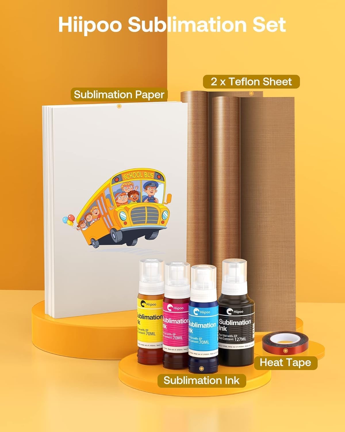 Hiipoo Sublimation Ink Set with 110 Sheet Sublimation Paper 8.5x11” 125G, 2 Pack Teflon Sheet, Heat Tape for EcoTank Inkjet Printer ET-2720 ET-2760 ET-2800 ET-2803 ET-2400 ET-4700 ET-4800 ET-15000