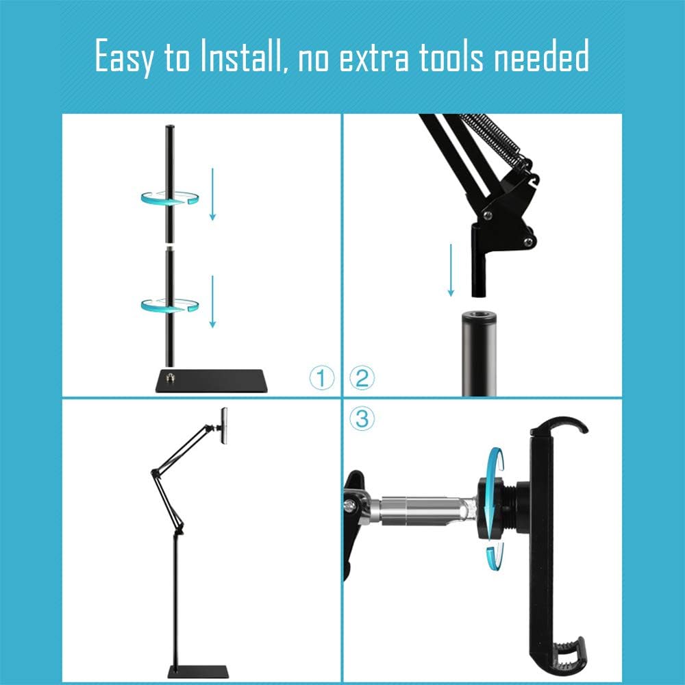 Tablet Floor Stand, 69" Height Adjustable 360-degree Rotatable Tablet Holder, Arm Stretchable Stand, Overhead Bed Phone Mount（4"~12.9''）