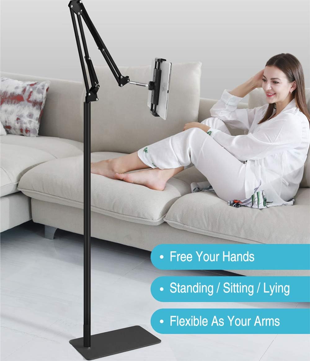 Tablet Floor Stand, 69" Height Adjustable 360-degree Rotatable Tablet Holder, Arm Stretchable Stand, Overhead Bed Phone Mount（4"~12.9''）