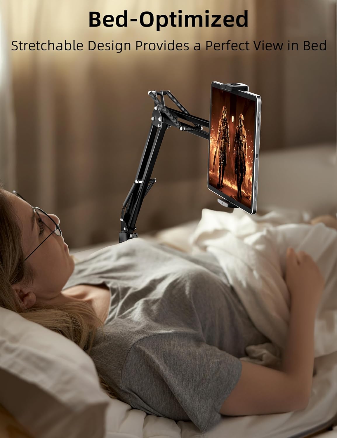 Tablet Floor Stand, 69" Height Adjustable 360-degree Rotatable Tablet Holder, Arm Stretchable Stand, Overhead Bed Phone Mount（4"~12.9''）