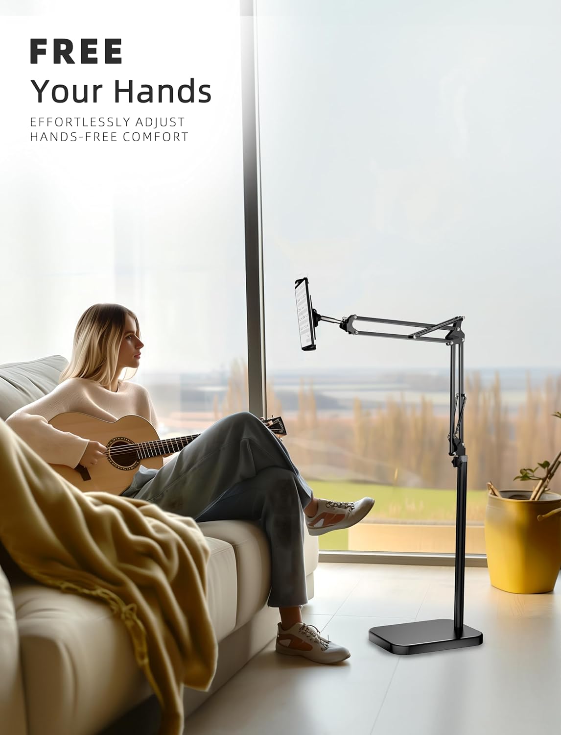 Tablet Floor Stand, 69" Height Adjustable 360-degree Rotatable Tablet Holder, Arm Stretchable Stand, Overhead Bed Phone Mount（4"~12.9''）