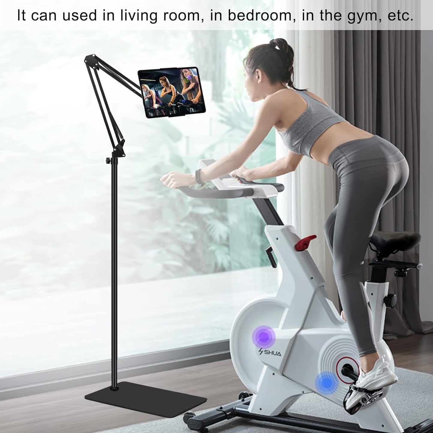 Tablet Floor Stand, 69" Height Adjustable 360-degree Rotatable Tablet Holder, Arm Stretchable Stand, Overhead Bed Phone Mount（4"~12.9''）