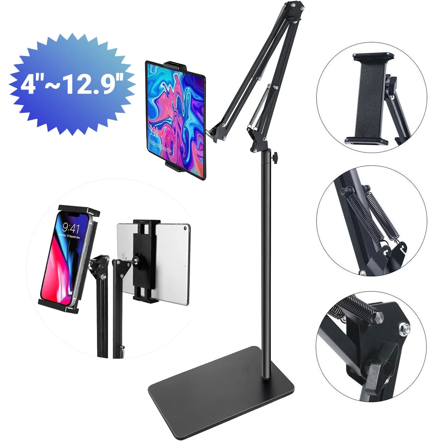 Tablet Floor Stand, 69" Height Adjustable 360-degree Rotatable Tablet Holder, Arm Stretchable Stand, Overhead Bed Phone Mount（4"~12.9''）
