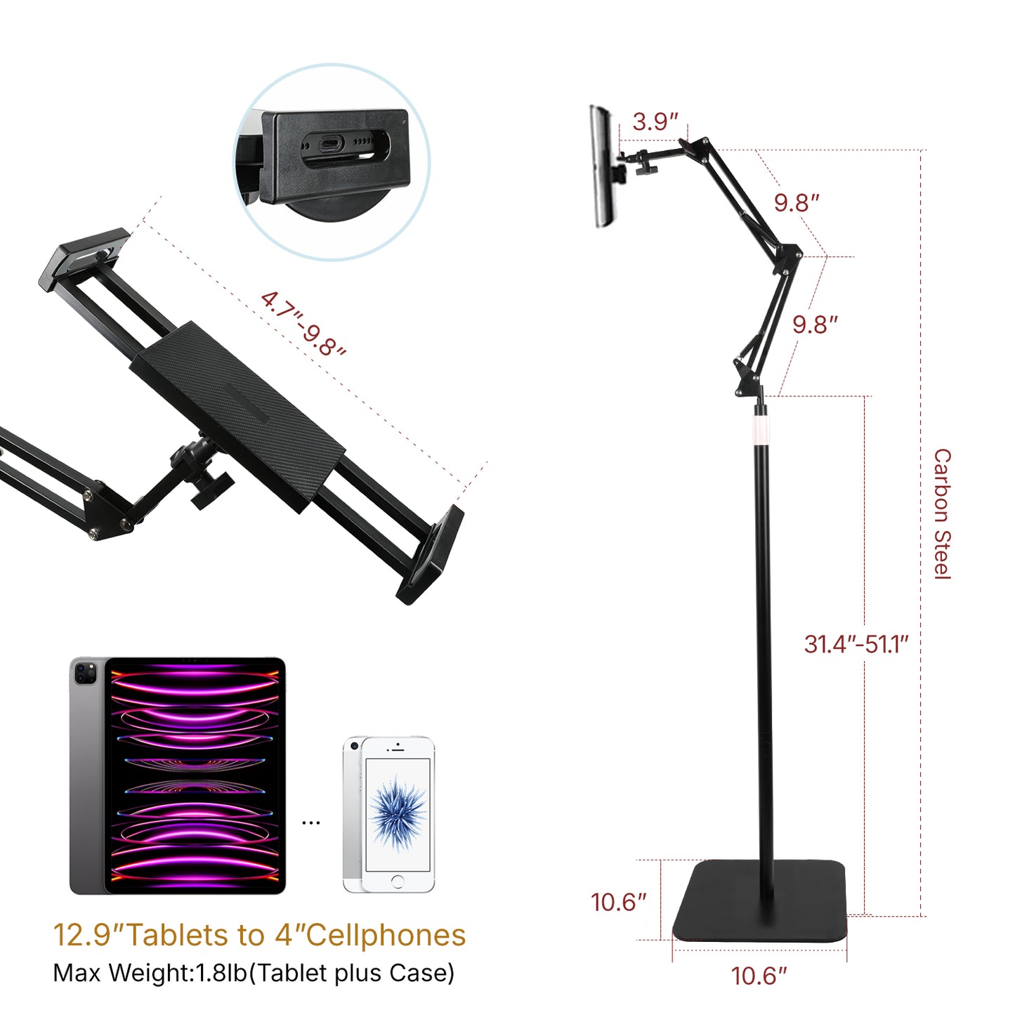 Hanru Tablet Floor Stand, 69" Height Adjustable 360-degree Rotatable Tablet Holder, Thickened Stable Square Base, Arm Stretchable Stand, Overhead Bed Phone Mount（4"~12.9"）