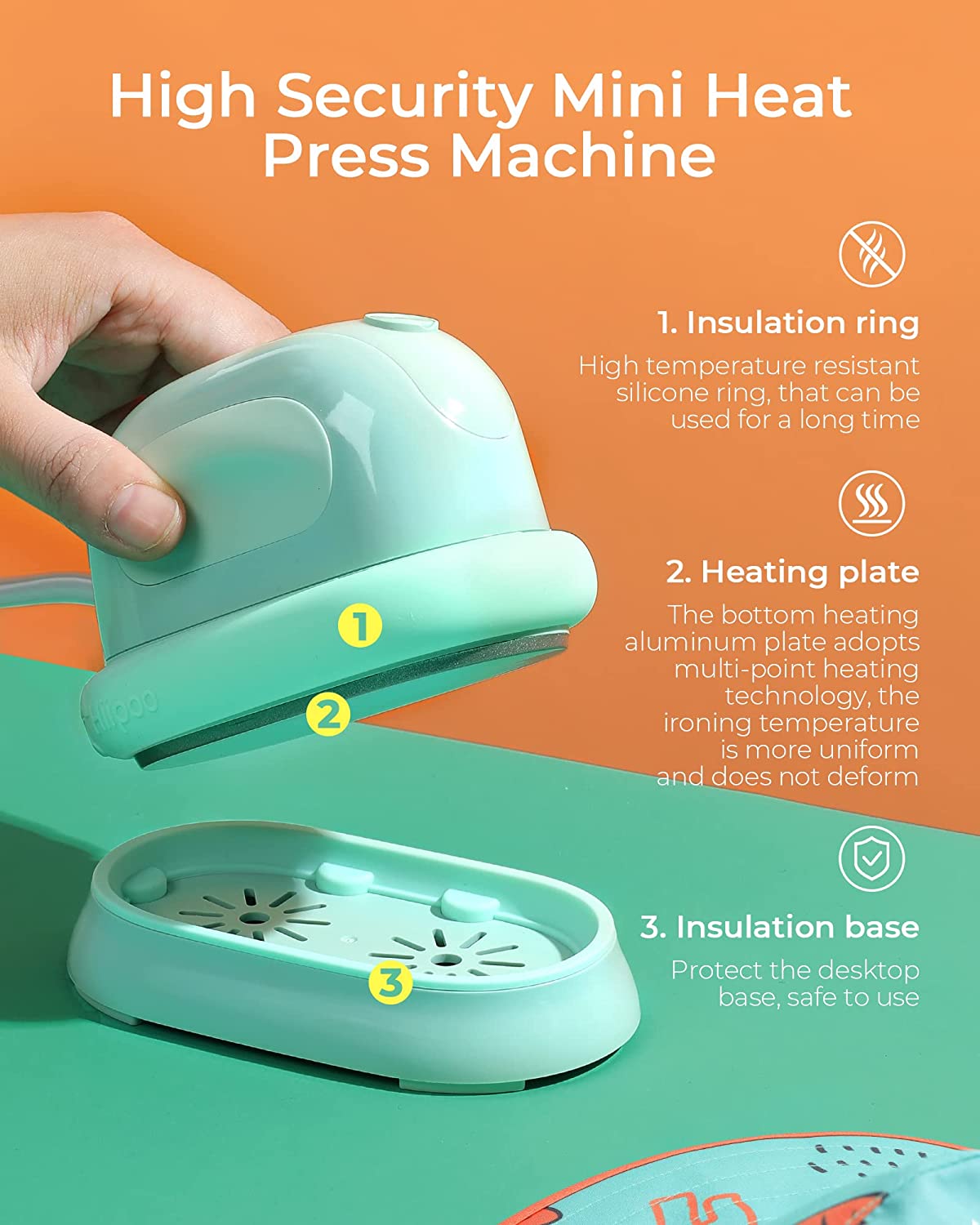 Hiipoo Mini Heat Press Machine for Pressing Small Objects T-Shirts, Shoes, Hats and Heating Transfer, Small Heat Press Portable Iron, 3 Heat Settings (Green)